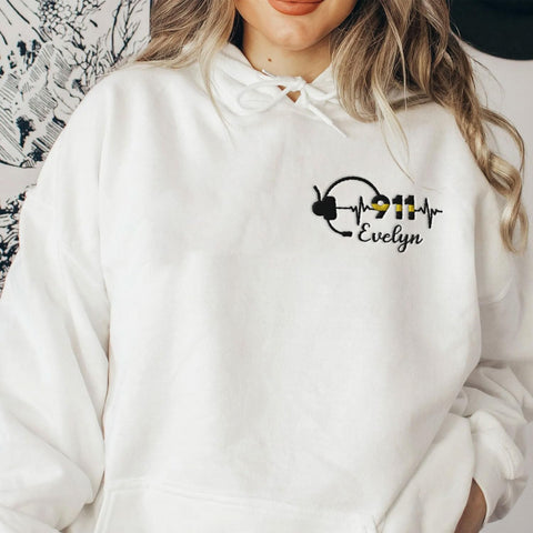 Leeprints Personalized Embroidered Dispatcher 911 Sweatshirt Pulse Dispatch Embroider Hoodie Thin Gold Line 911 Shirt