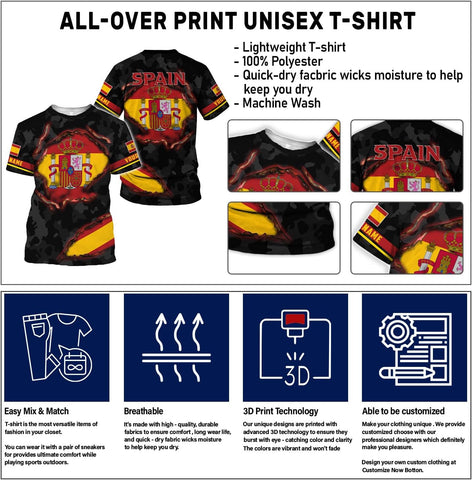 Ligthuy Personalized Name Spain Shirt 3D, Custom Spainish Shirt Flag for Men and Women, Italia Shirt Soccer Unisex Size