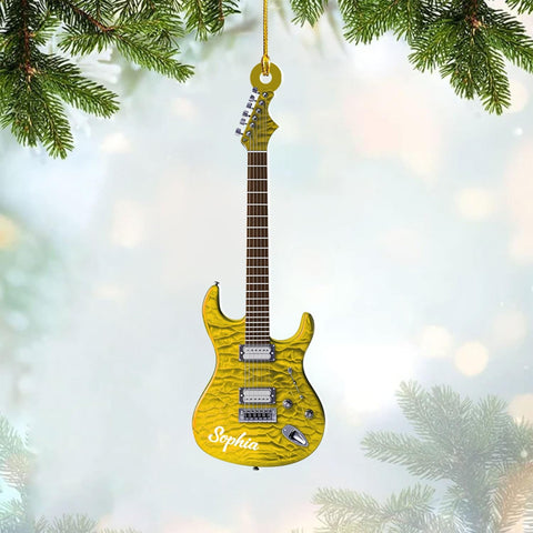 Personalized Acoustic Guitar Ornament - Guitar Christmas Plastic Wooden Ornament, Musical Instrument for Band, Red Electric Guitar Instrument, Custom Name Gift for Guitarist, Songs Music Notes (GT5)