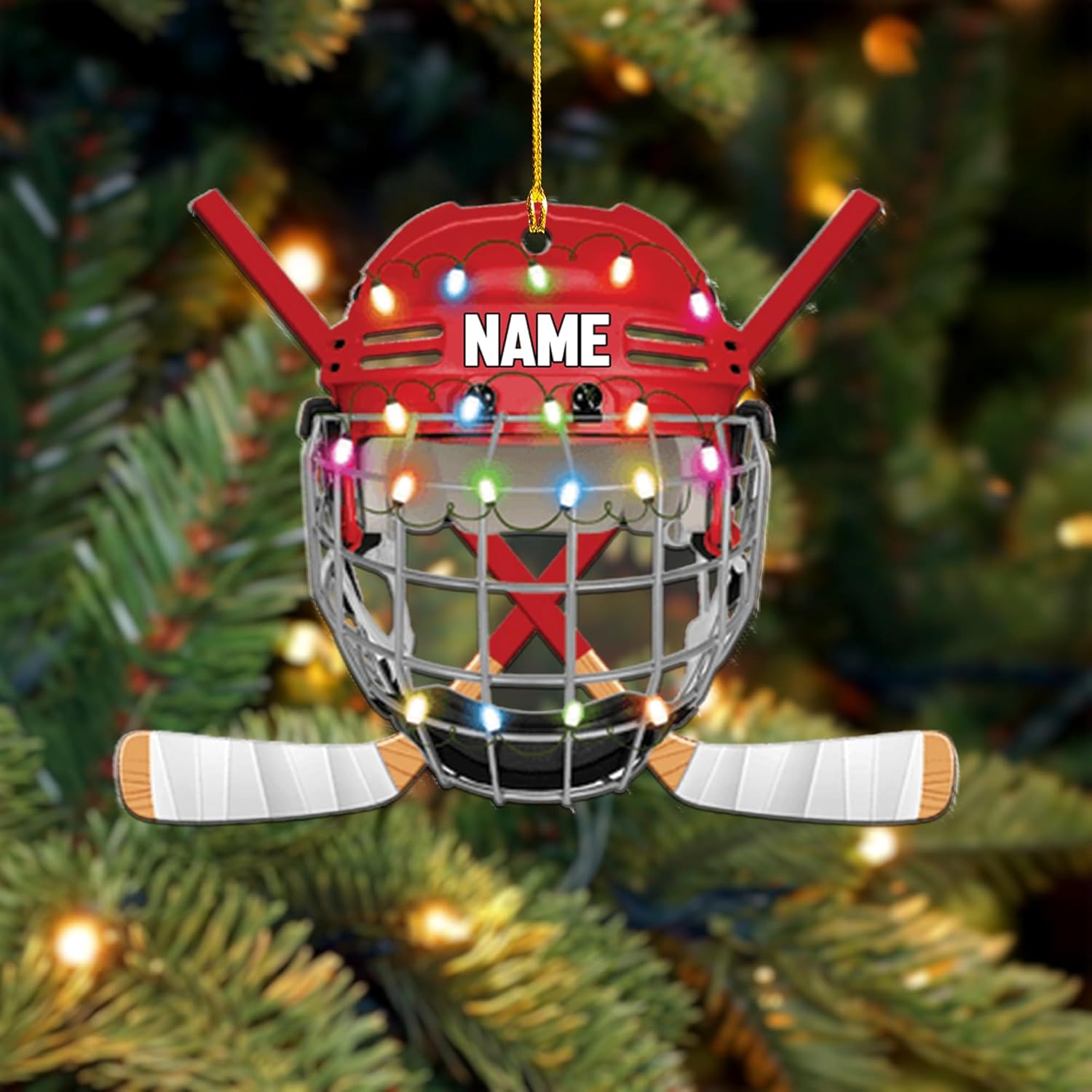 AOVL Personalized Hockey Christmas Ornament, Hockey Skates Helmet and Stick, Hockey Player Ornament, Hockey Ornament, Hockey Flat Ornament, Gift for Hockey Lovers Christmas Tree Decor (HK1)