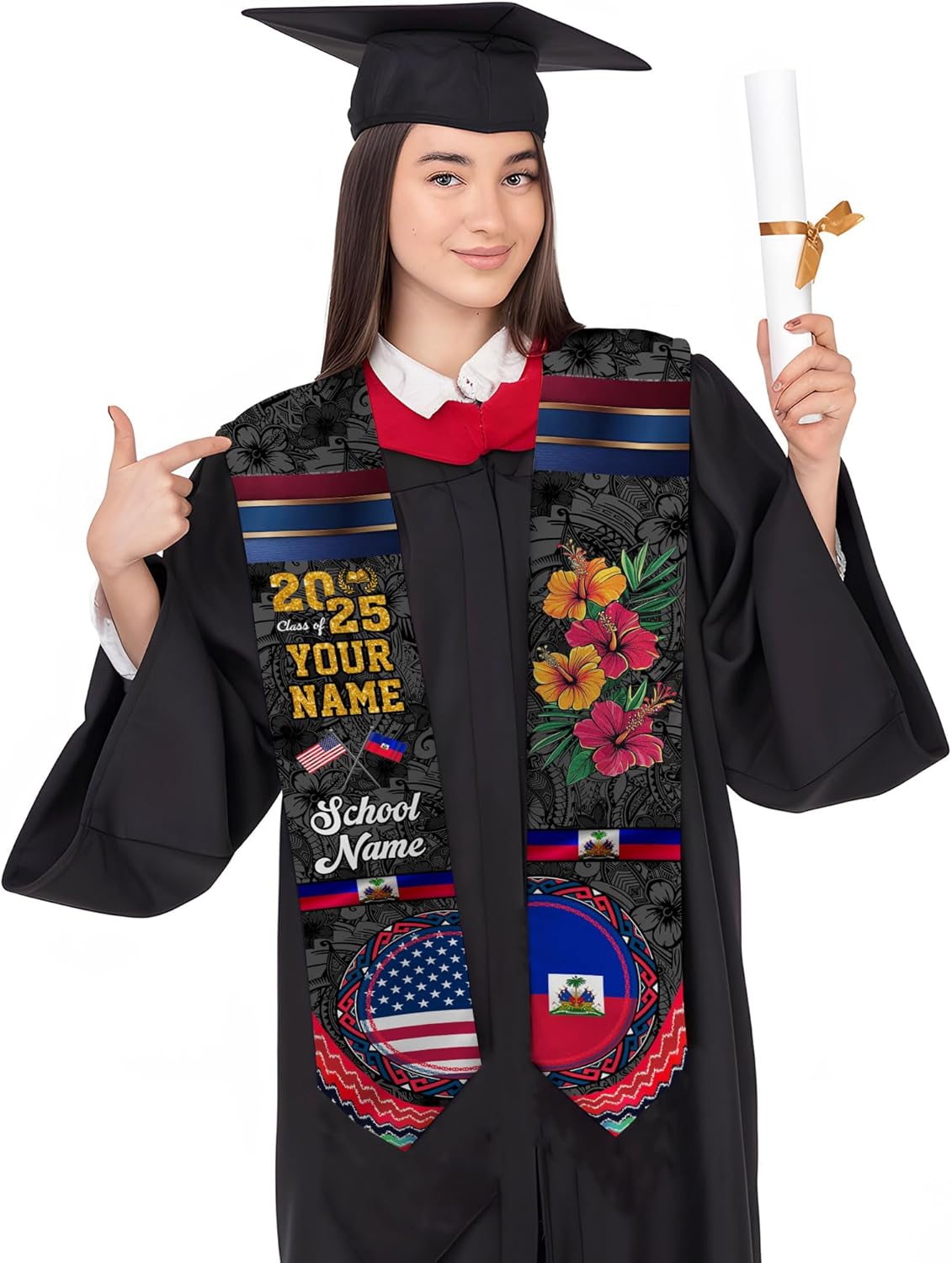 Pretyprints Haitians Graduation Sash, Haiti Graduation Stole Custom, Personalized Haitians American Flag Graduation Sash 2025