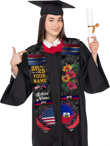 Pretyprints Haitians Graduation Sash, Haiti Graduation Stole Custom, Personalized Haitians American Flag Graduation Sash 2025