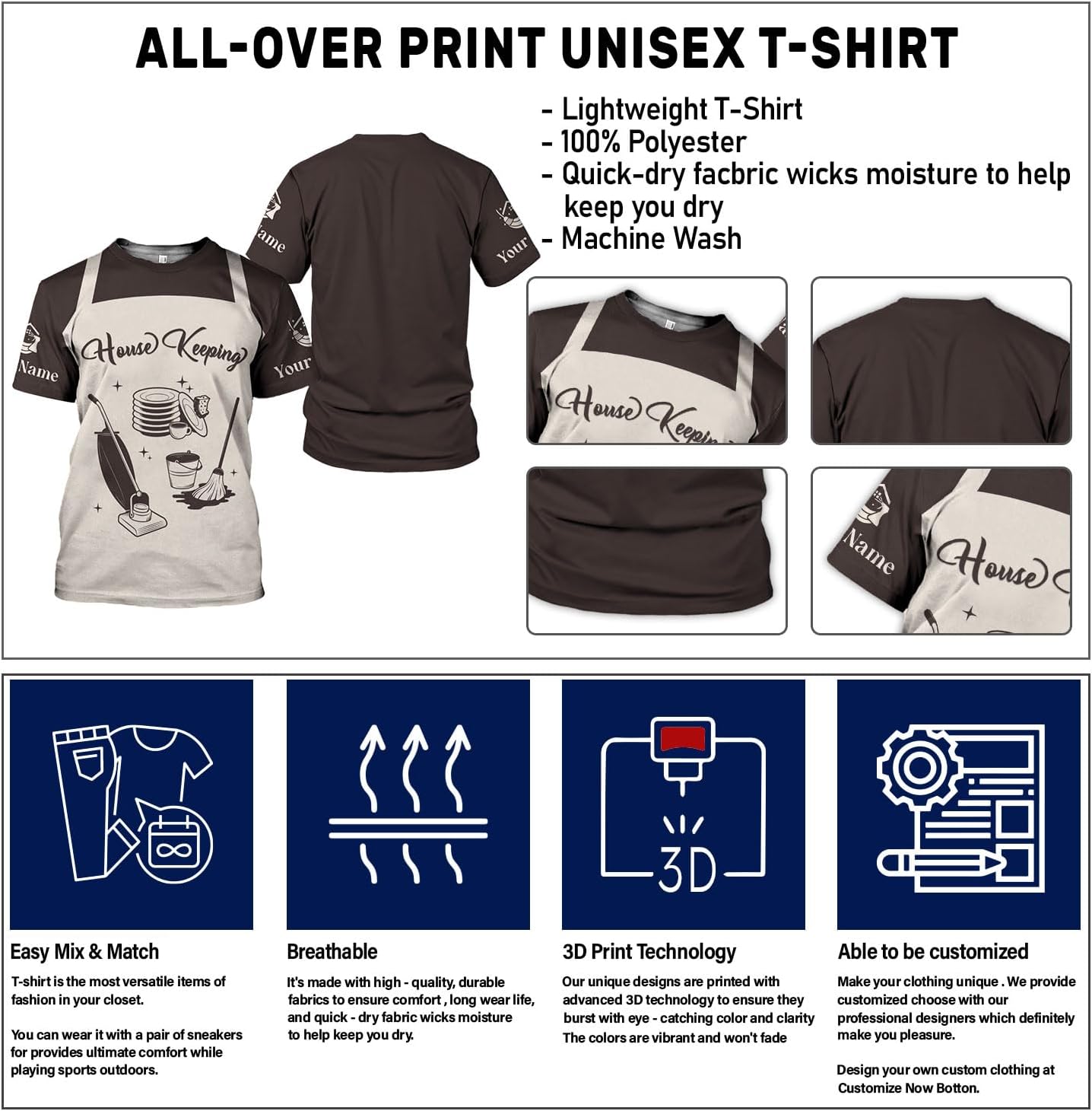 Personalized Housekeeping Shirts, Custom Cleaning Uniforms for Women 3D Cleaning Service Gifts Housekeeper Shirt Clean Lady
