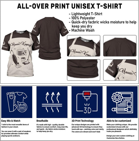 Personalized Housekeeping Shirts, Custom Cleaning Uniforms for Women 3D Cleaning Service Gifts Housekeeper Shirt Clean Lady