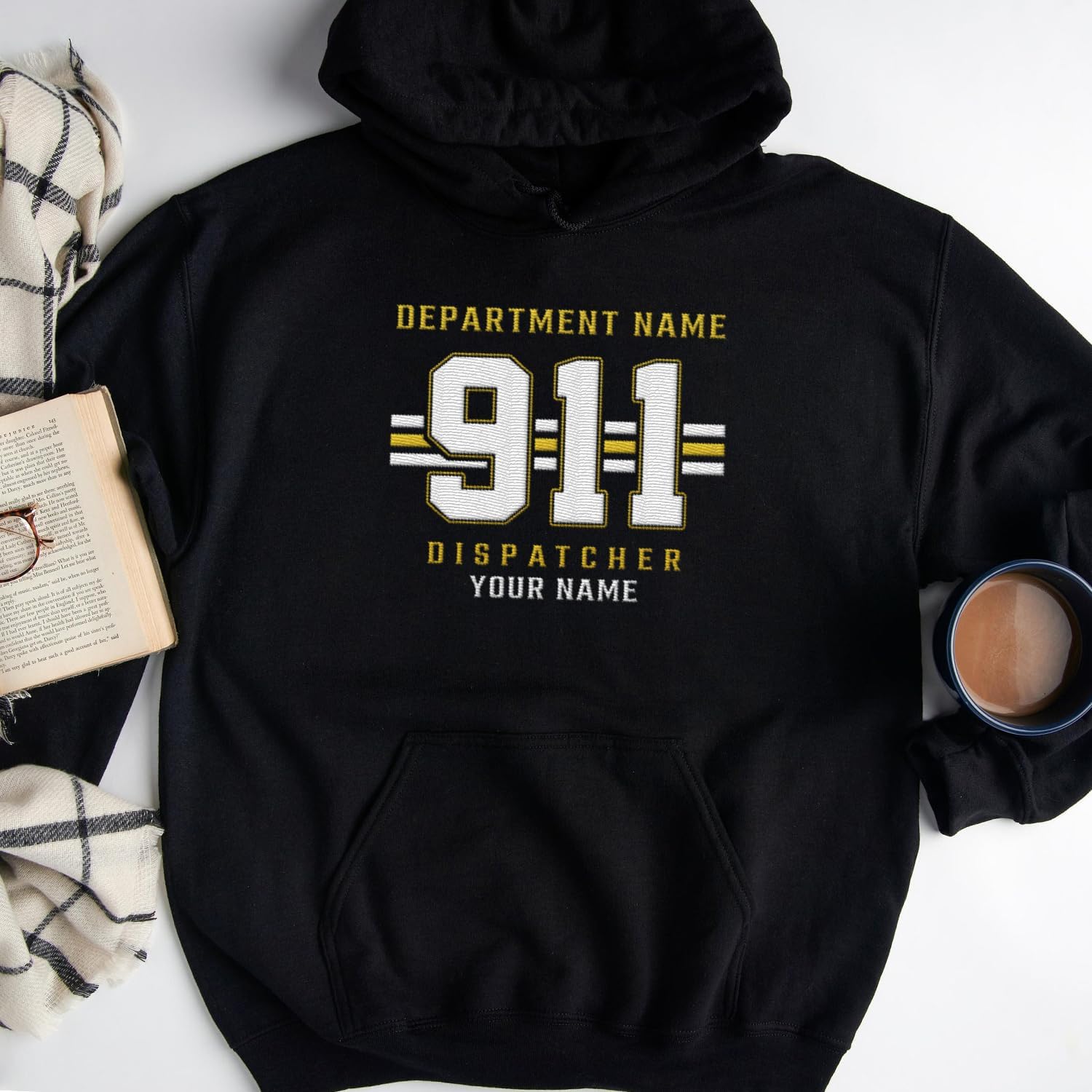 Personalized 911 Dispatcher Apparel, Thin Gold Line Embroidered Sweatshirt, Emergency 911 Hoodie Gift Dispatch Nurse Shirt
