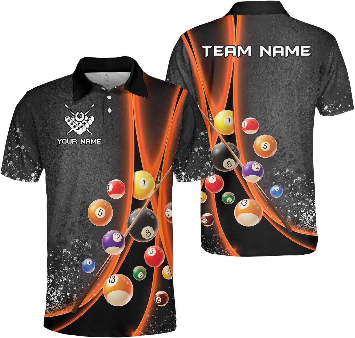 MoonArt Personalized Billiard Polo Shirts, Billiards Shirts for Men, Pool Shirts, 3D Billiards 8 Ball Pool, Billiard Team