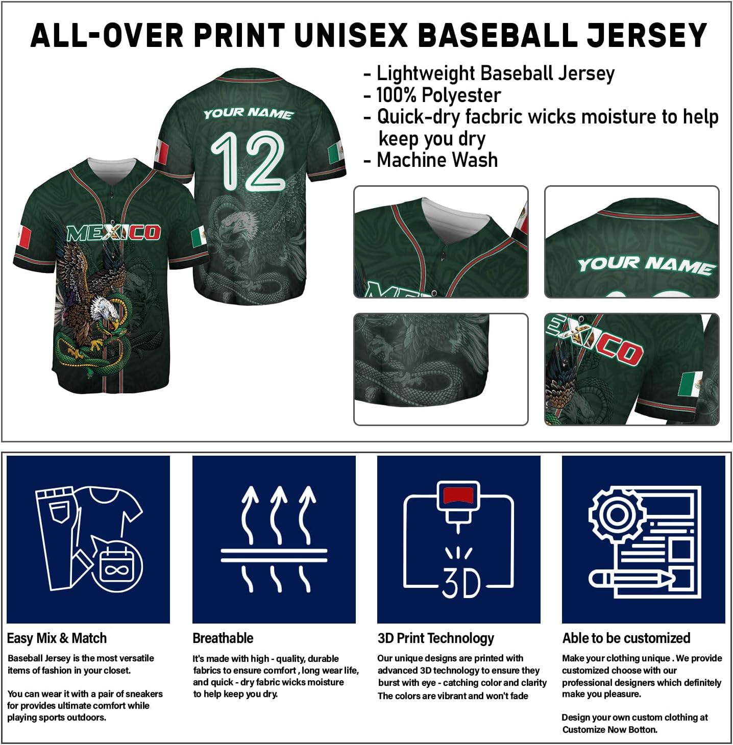 Mostprints Custom Mexico Baseball Jerseys Mexican Eagle & Flag Shirt for Teams, Mexico Shirts for Men & Women Size S-5XL