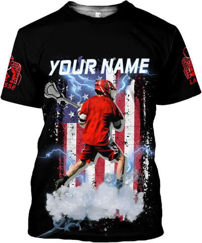 mostprints Custom Name Lacrosse Shirts, Lacrosse Shirts Mens American Flag Lax Helmet Sticks Lacrosse Shirt Gifts