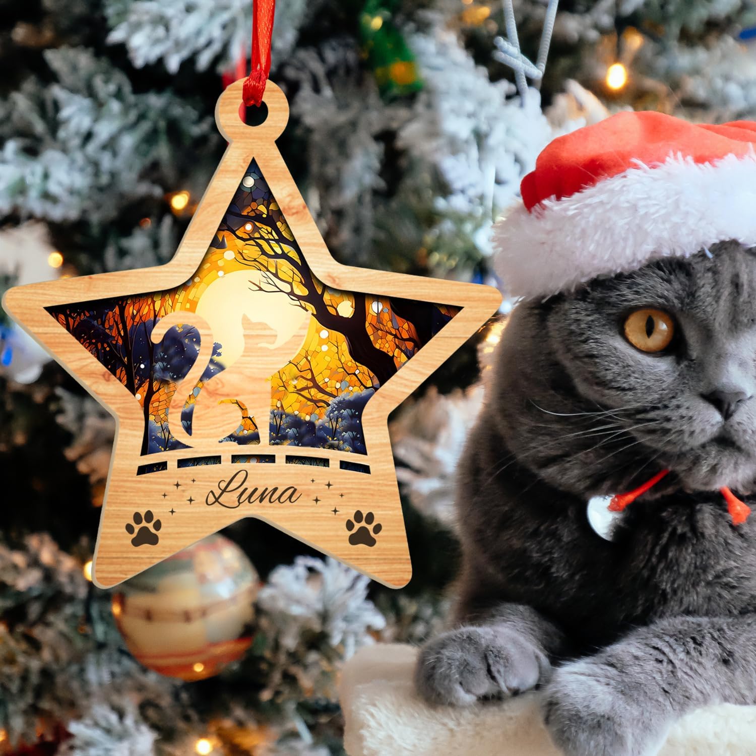 MAPrints Personalized Cat Christmas Ornaments, Cat First Christmas Suncatcher Wood Ornaments, Gifts for Cat Lovers, Cat Memorial Ornament, Forever Loved Cat Keepsake, Cat Loss Gifts (CAT 18)