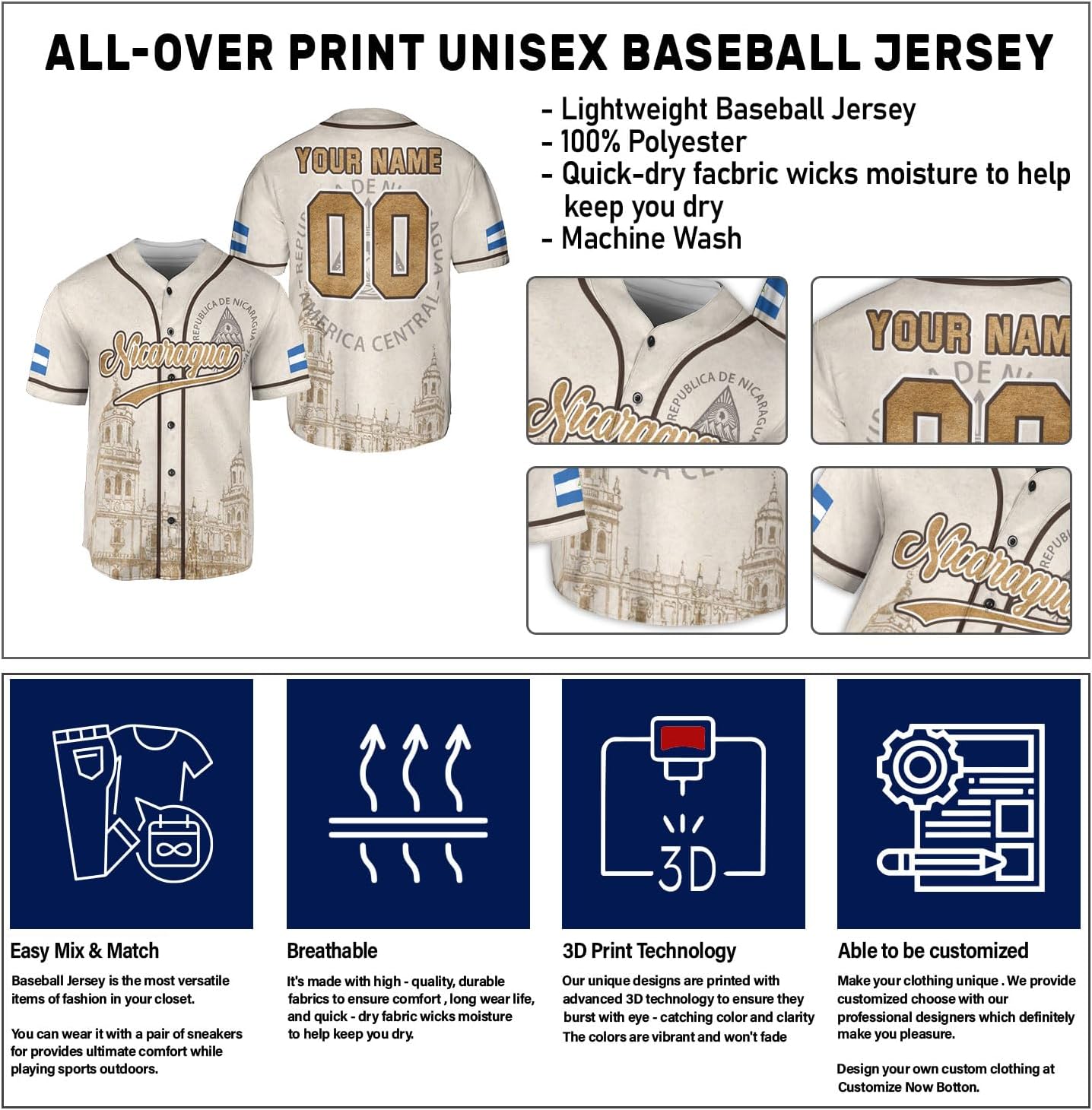 Personalized Nicaragua Baseball Jersey, Custom Nicaragua Baseball Jersey for Men & Women, Nicaraguan Camisas Shirt