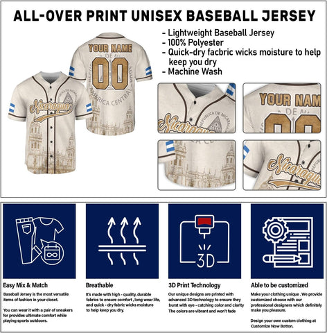 Personalized Nicaragua Baseball Jersey, Custom Nicaragua Baseball Jersey for Men & Women, Nicaraguan Camisas Shirt