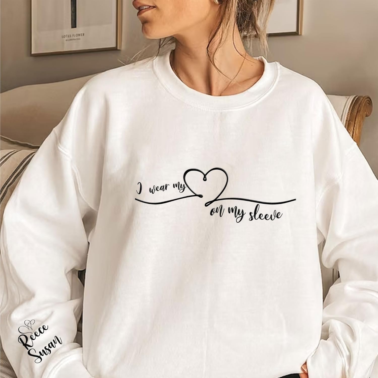 AOVL Personalized Embossed I Wear My Heart On My Sleeve Sweatshirt, Custom Mama Sweatshirt With Name On Sleeve, Gift For Mom