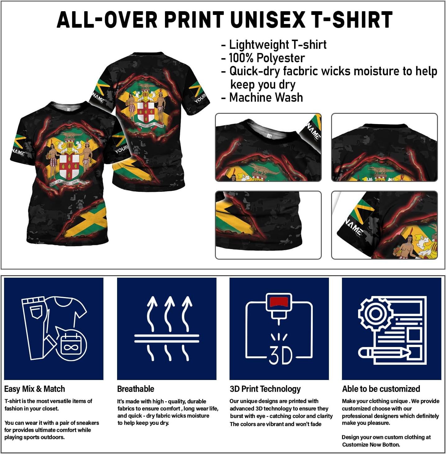 Ligthuy Personalized Jamaica Shirt 3D, Custom Jamaica Flag Lion Shirt for Men and Women, Jamaican Pride T-Shirt Unisex