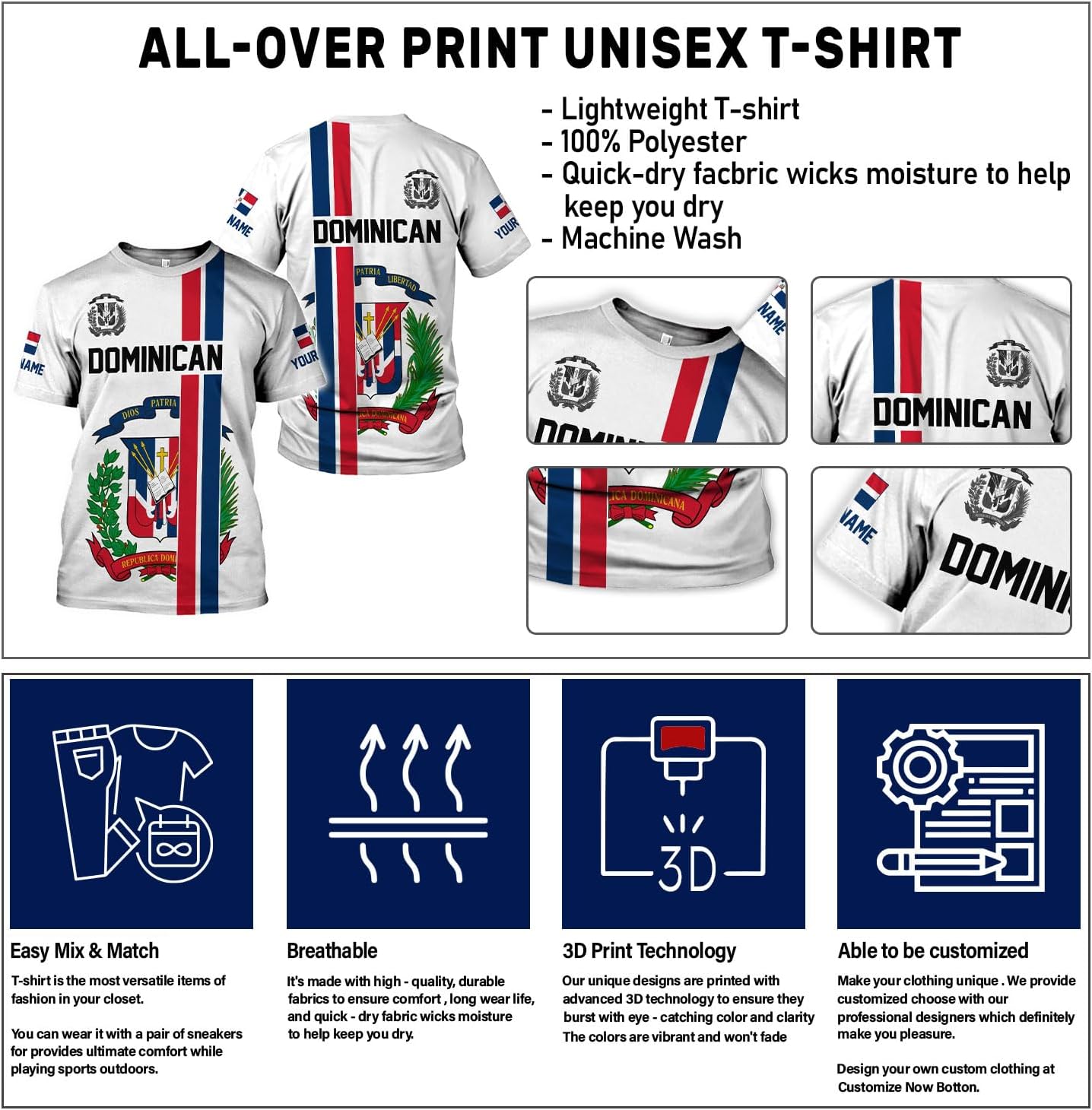 Custom Dominican Republic 3D Shirts for Men Dominicana Flag Shirts Dominican Flag Tshirt Dominican Independence Day