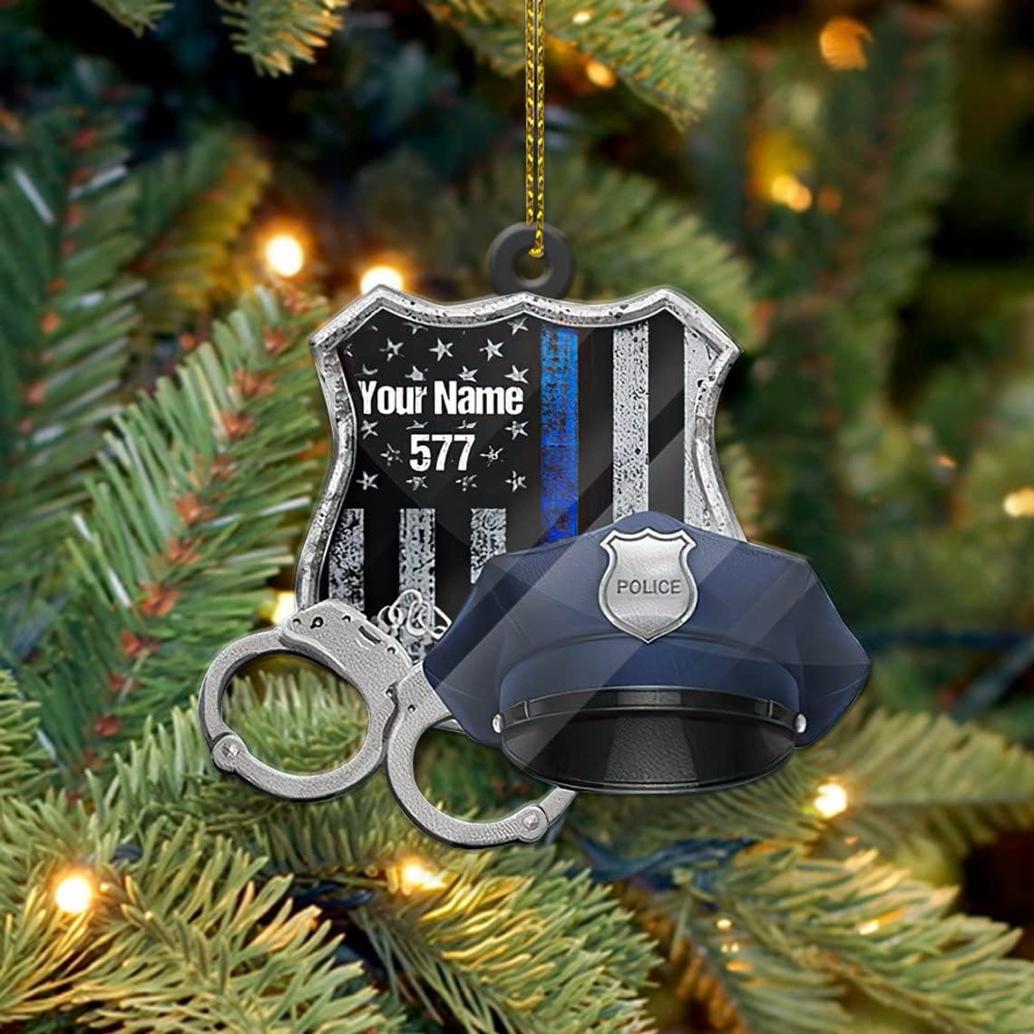 Parvii Personalized Name Police Ornaments Police Gifts Police Christmas Ornament Police Vest Bullet Proof Flat Hanging Printed Plastic Custom Police Ornament Decorations (Black Vest) (Badge with Hat)