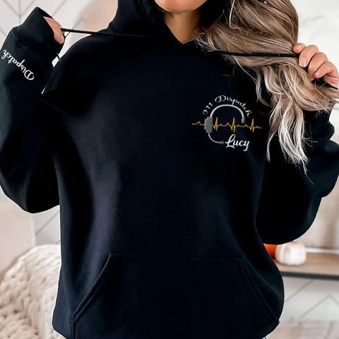 Leeprints Personalized Embroidered Dispatcher 911 Sweatshirt, Pulse Dispatch Embroider Hoodie, Thin Gold Line 911
