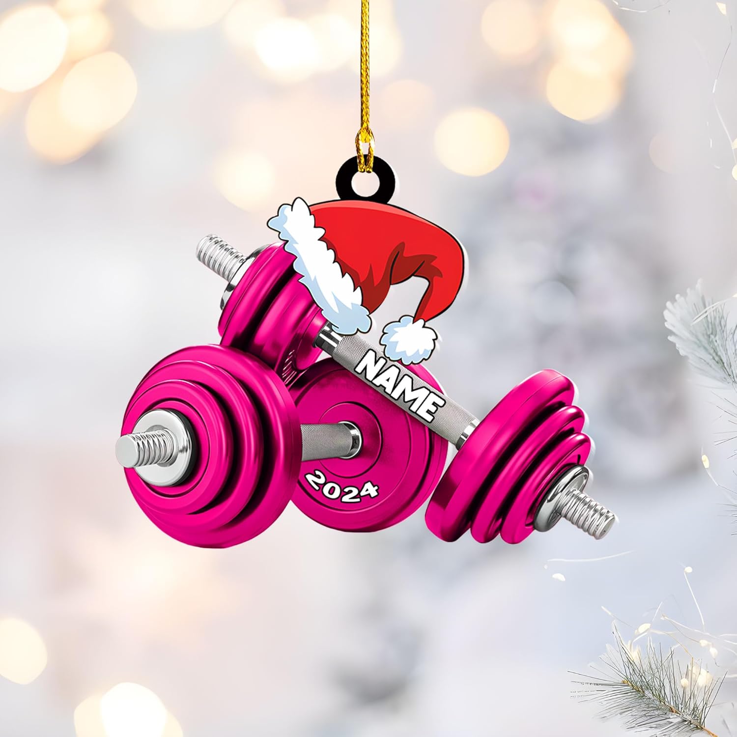 Personalized Dumbbell Ornament, Exercise Equipment Gym Christmas Ornament, Merry Fitness Gym Workout Trainer Coach Instructor, Barbell Weight Plates Weightlifter Gym Chair & Barbell (DBT1)