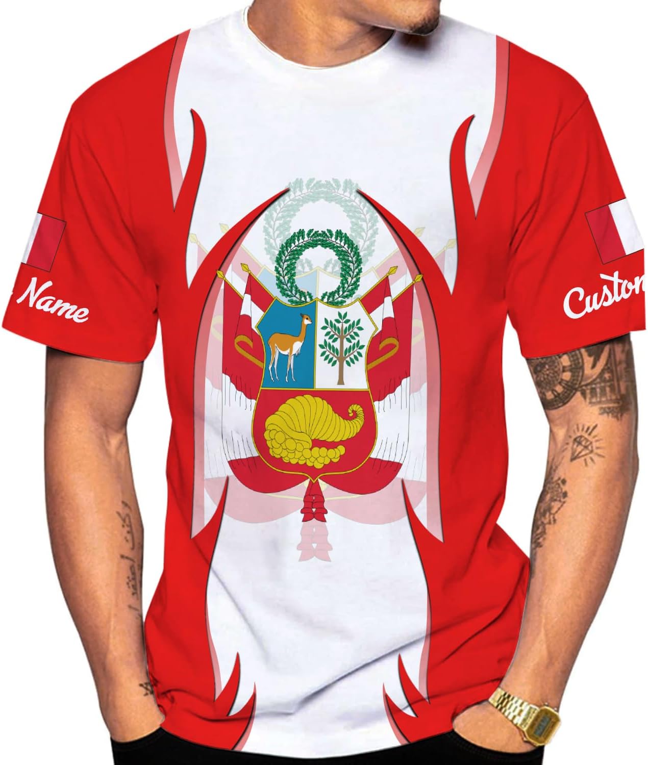 Woseprints Personalized Name Peru T-Shirts, Peru Flag Pride 3D T-Shirt for Men & Women