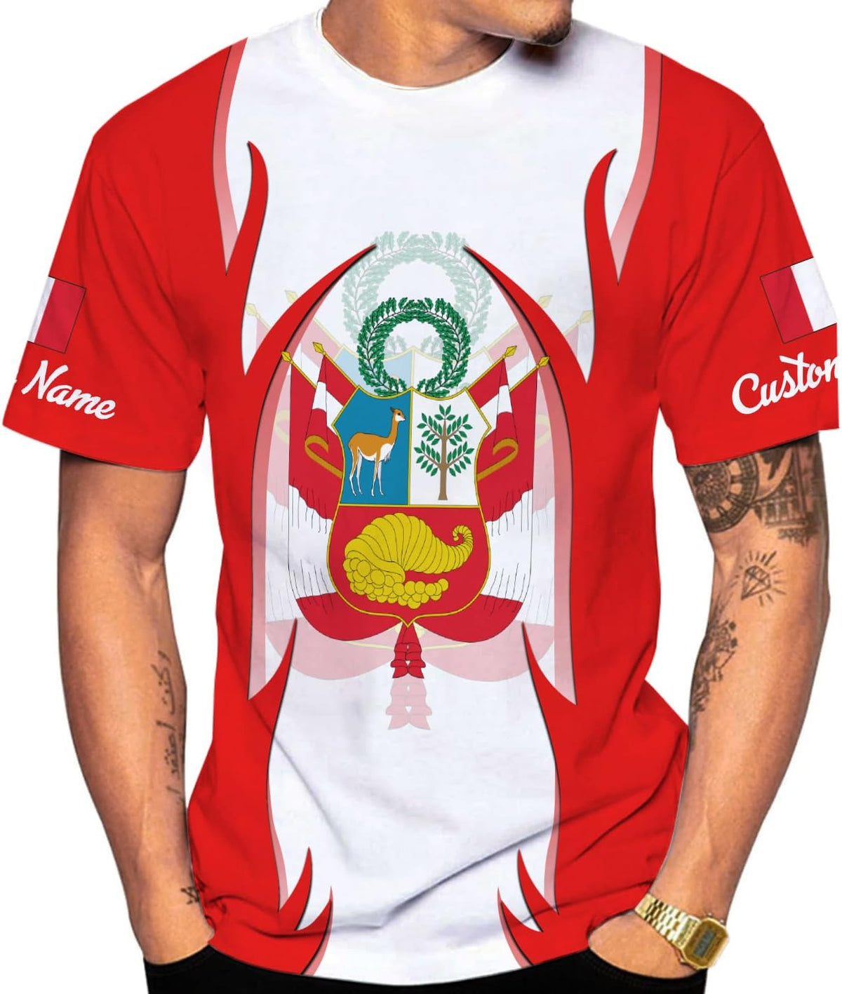 Woseprints Personalized Name Peru T-Shirts, Peru Flag Pride 3D T-Shirt for Men & Women