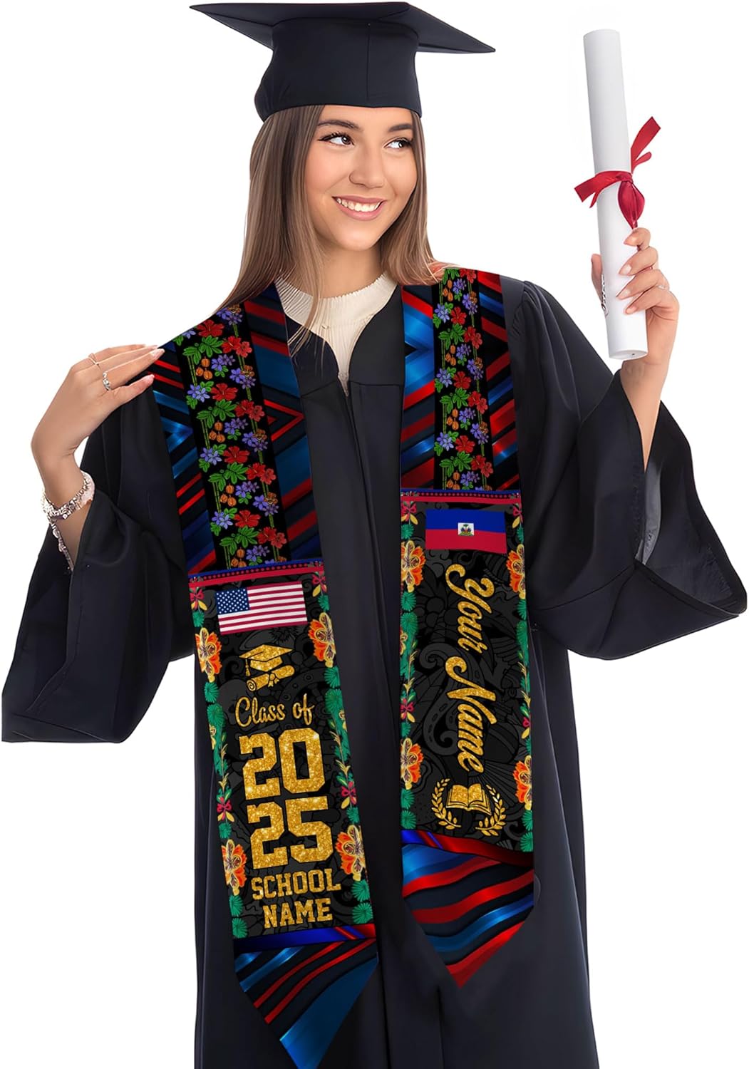 Pretyprints Haitians Graduation Sash, Haiti Graduation Stole Custom, Personalized Haitians American Flag Graduation Sash 2025