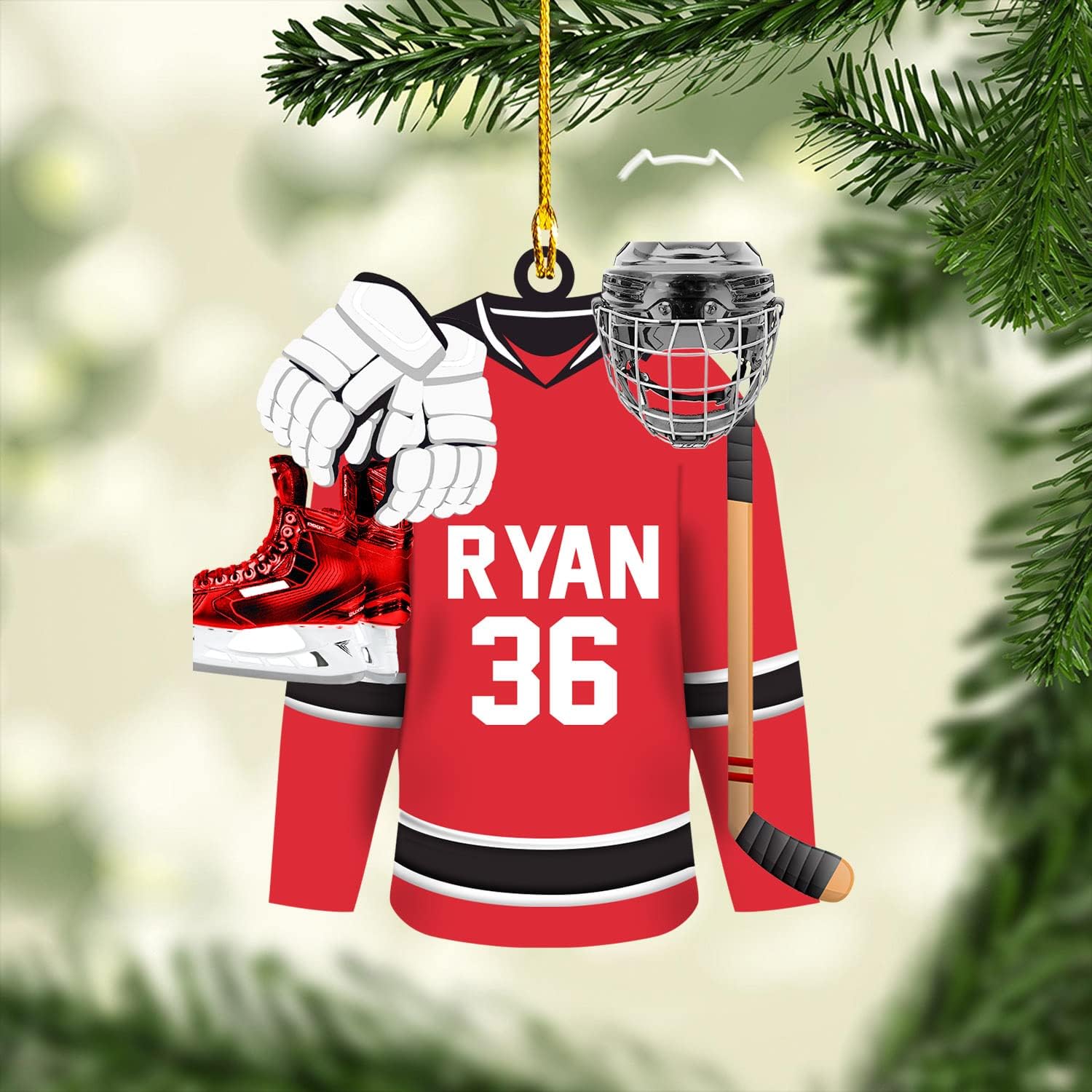 Personalized Hockey Ornaments for Xmas 2022, Hockey Ornament, Helmet, Gloves Wood Hockey Ornament, Hockey Christmas Ornament, for Hockey Lovers, Christmas Pine Tree Hanging Decor Wood Ornament, Red
