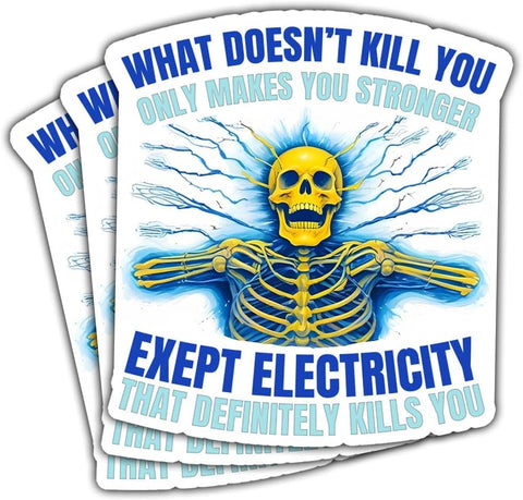 (3Pcs) What Doesn't Kill You Only Makes You Stronger Except Electricity Vinyl Sticker Decal, Electricity Kills Sticker, Electrician Sticker- Stickers For Laptop Water Bottle Phone Car Window Helmet 3"