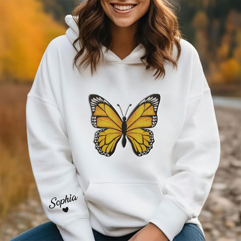 Podagree Personalized Butterfly Embroidered Sweatshirt, Custom Pink Butterfly Hoodie Name FLower Graphic