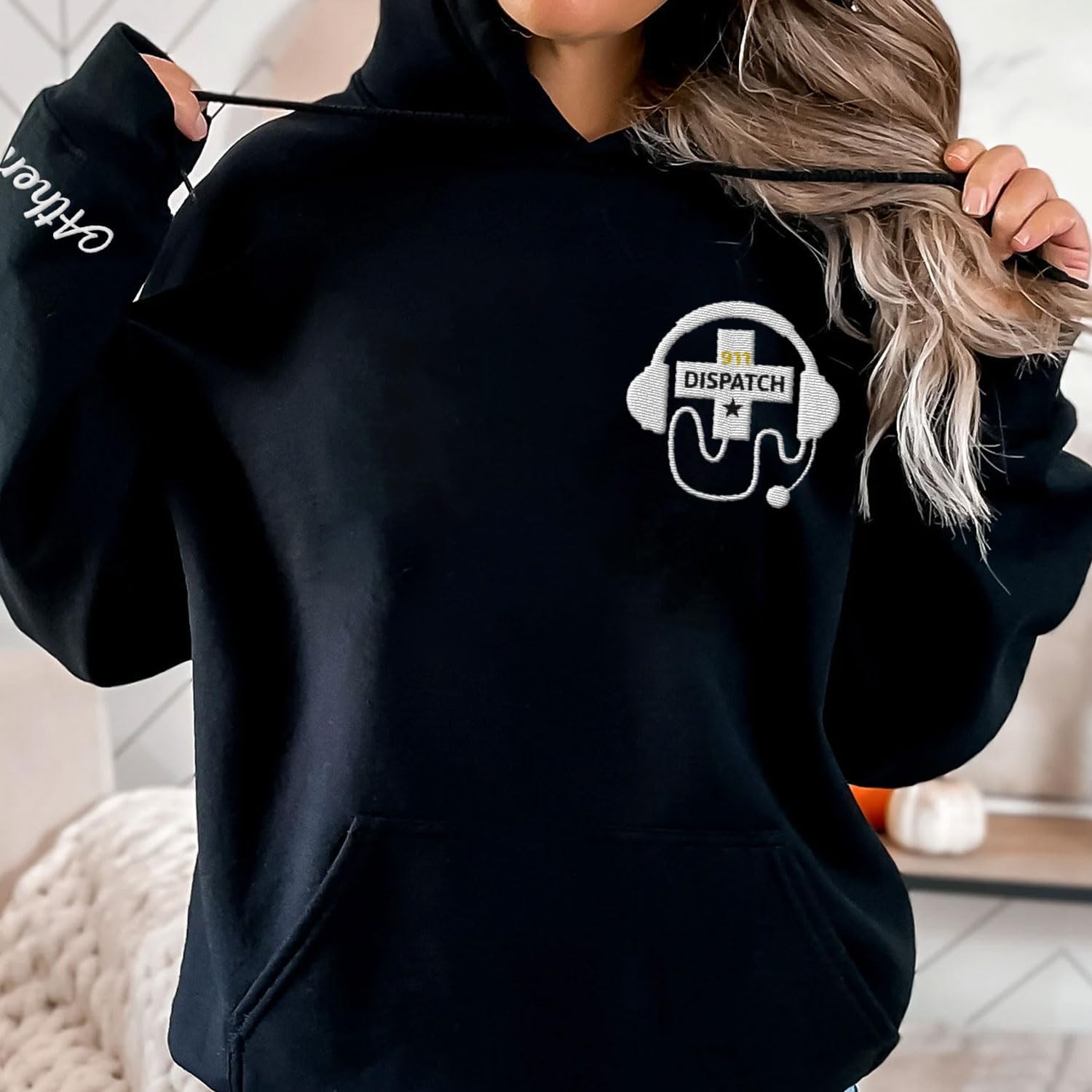 Leeprints Personalized Embroidered Dispatcher 911 Sweatshirt, Pulse Dispatch Embroider Hoodie, Thin Gold Line 911