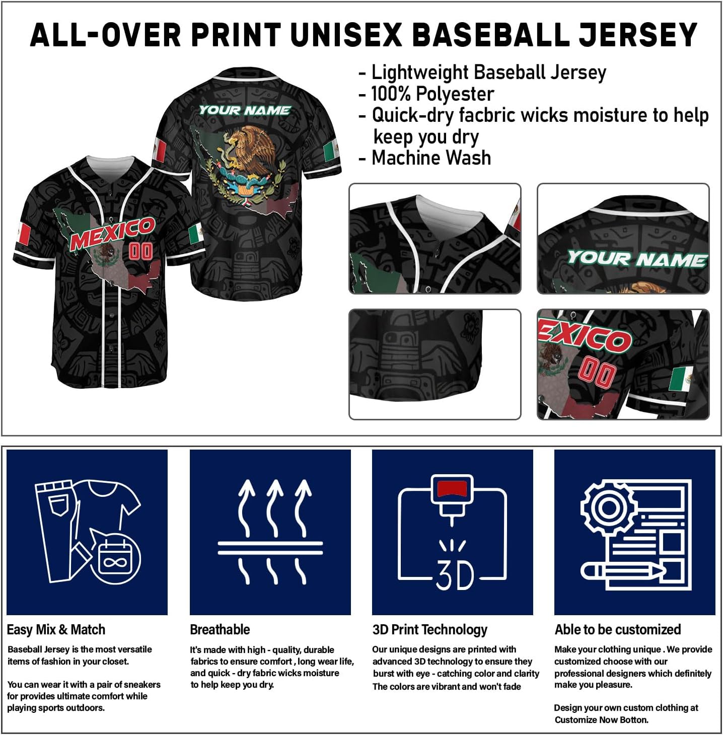 Mostprints Custom Mexico Baseball Jerseys Mexican Eagle & Flag Shirt for Teams, Mexico Shirts for Men & Women Size S-5XL