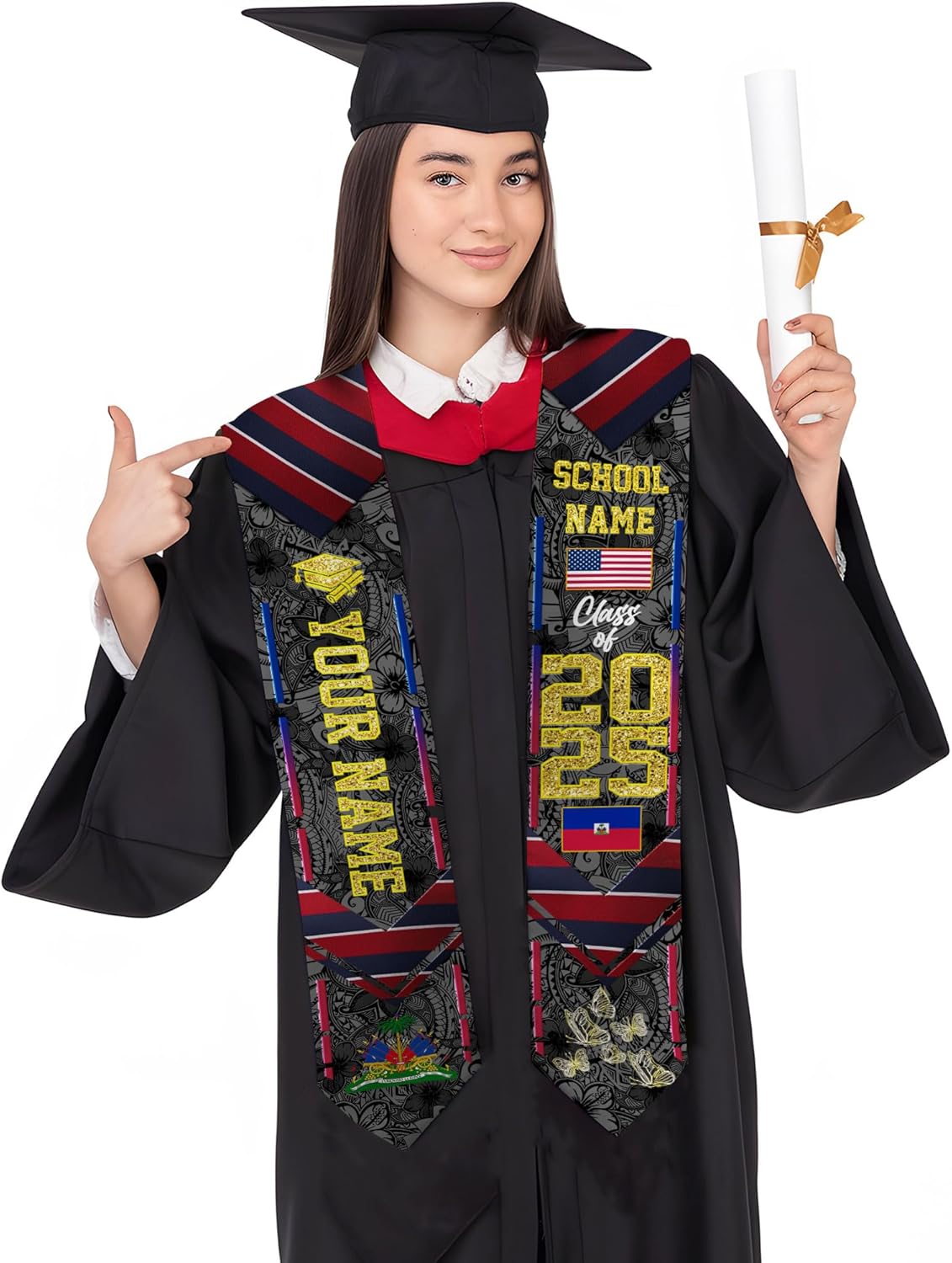 Pretyprints Haitians Graduation Sash, Haiti Graduation Stole Custom, Personalized Haitians American Flag Graduation Sash 2025