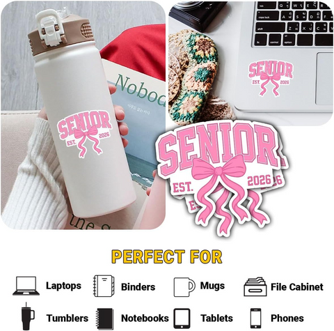3Pcs Senior 2026 pink bow Sticker 3inches, Class of 2026 Sticker, High School College Gift for Notebook Scrapbook Stickers for Laptop Water Bottle Phone Case