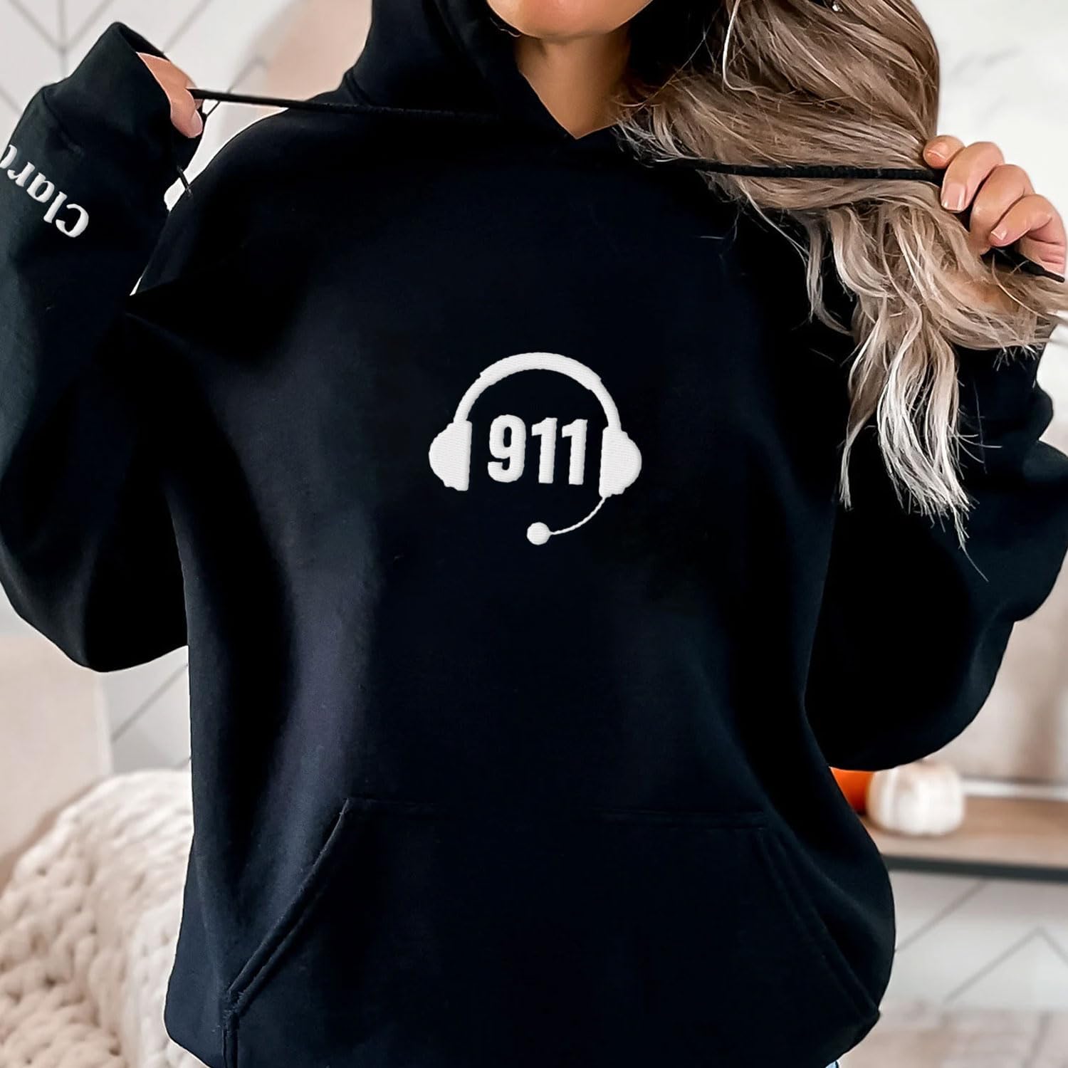 Leeprints Personalized Embroidered Dispatcher 911 Sweatshirt, Pulse Dispatch Embroider Hoodie, Thin Gold Line 911