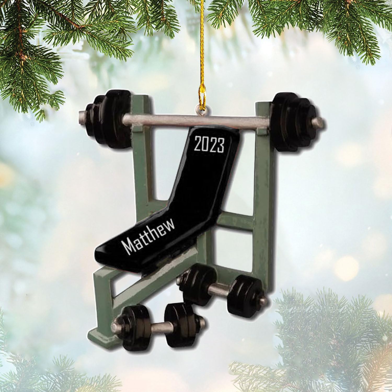 HomeDesign Personalized Dumbbell Ornament, Fitness Gift for Gym Workout Trainer Coach Instructor, Barbell Weight Plates Custom Ornament for Weightlifter, Weightlifting Ornament (D12)