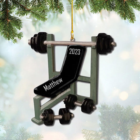 HomeDesign Personalized Dumbbell Ornament, Fitness Gift for Gym Workout Trainer Coach Instructor, Barbell Weight Plates Custom Ornament for Weightlifter, Weightlifting Ornament (D12)