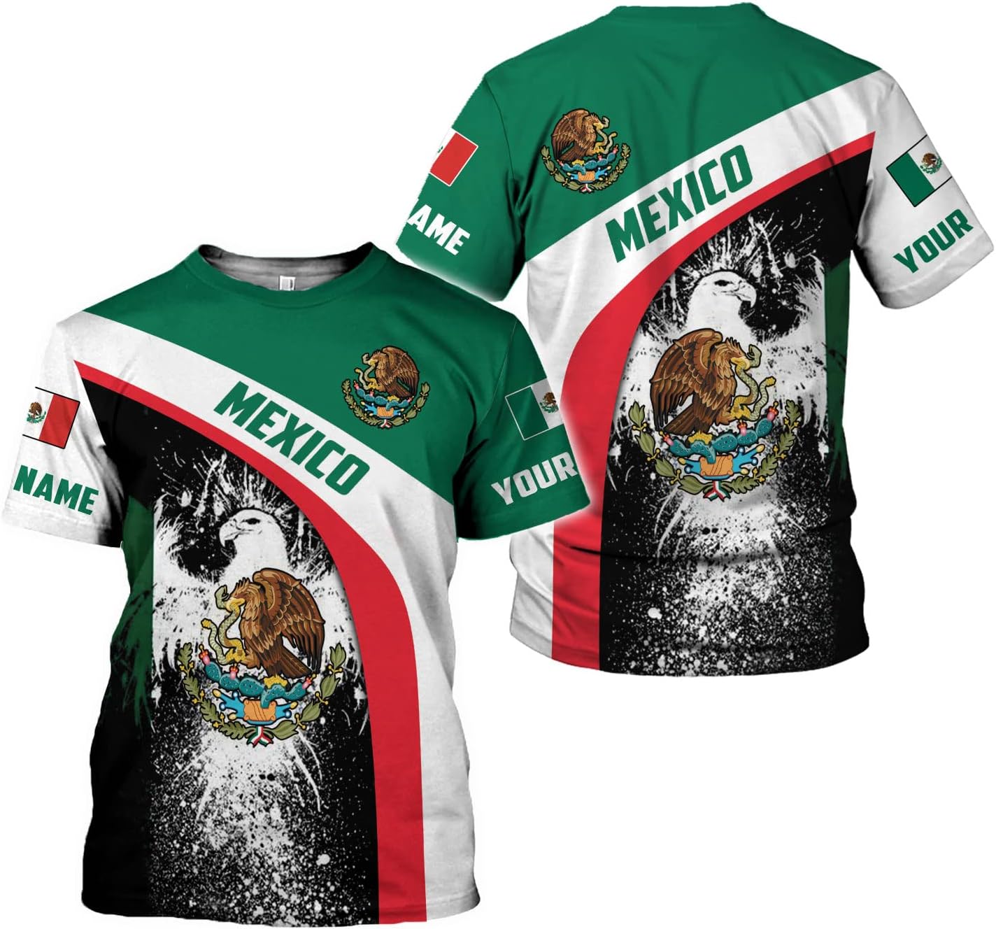 Personalized Name Eagle Mexico Mexican US Flag Unisex 3D All Over Printed Sportwear, T Shirt for Men Women Adult Full Size S-5XL TS07