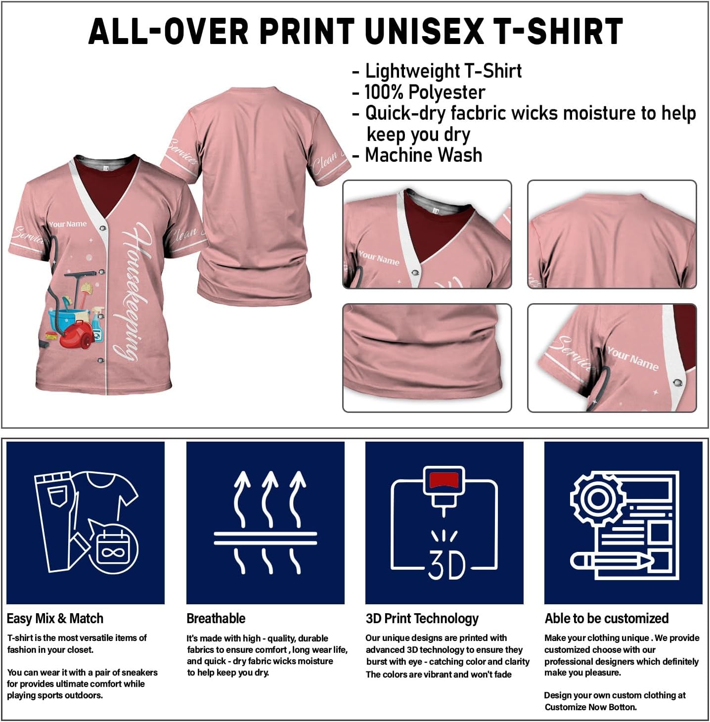 Personalized Housekeeping Shirts, Custom Cleaning Uniforms for Women 3D Cleaning Service Gifts Housekeeper Shirt Clean Lady