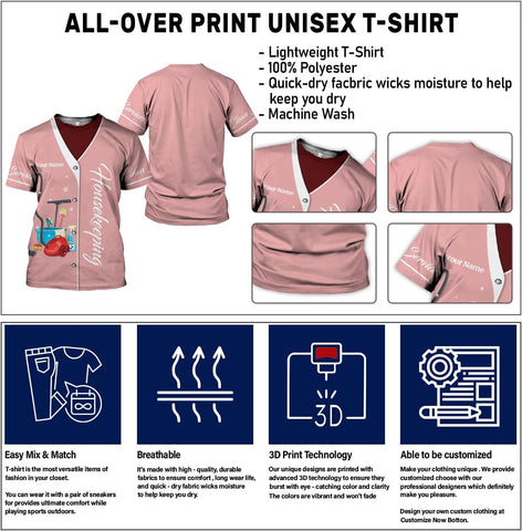Personalized Housekeeping Shirts, Custom Cleaning Uniforms for Women 3D Cleaning Service Gifts Housekeeper Shirt Clean Lady