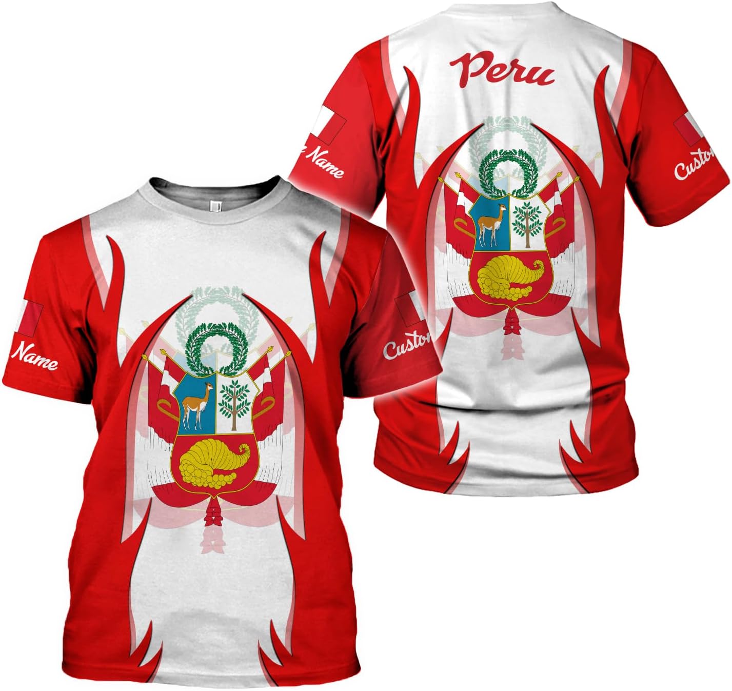 Woseprints Personalized Name Peru T-Shirts, Peru Flag Pride 3D T-Shirt for Men & Women