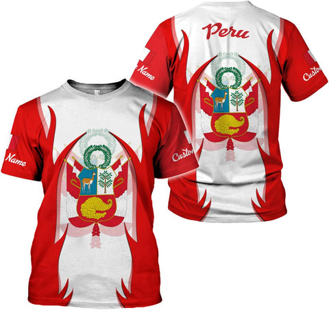 Woseprints Personalized Name Peru T-Shirts, Peru Flag Pride 3D T-Shirt for Men & Women