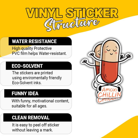 (3PCS) Amoxi Chillin Sticker, Funny Medication Pun Stickers Cartoon Antibiotic Pill Yoga Design for Pharmacists and Medical Students, Car Decal for Laptop Water Bottle Phone Case 3 Inch