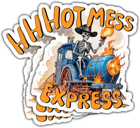 3PCS Hot Mess Express Funny 3" Sticker, Skeleton Train Meme Humor Design, Die Cut Waterproof Vinyl Decal for Laptop, Water Bottle, Car, Phone, Window, Helmet, Notebook