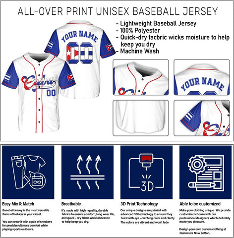 AOVL Personalized Cuba Baseball Jersey Shirt Cuba Flag Jersey Cuban Jersey for Men and Women Jersey Cuban Cuba Flag Shirt