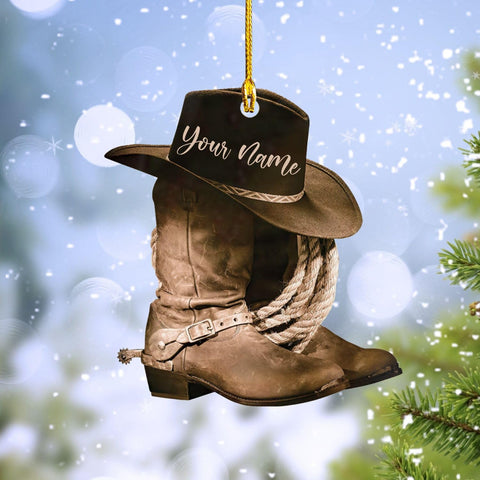 Podagree Personalized Cowboy Boots and Hat Christmas Ornament for Cowboy, Cowboy Cowgirl Horseback Riding Ornament, Horse Racing Ornament (CB7)