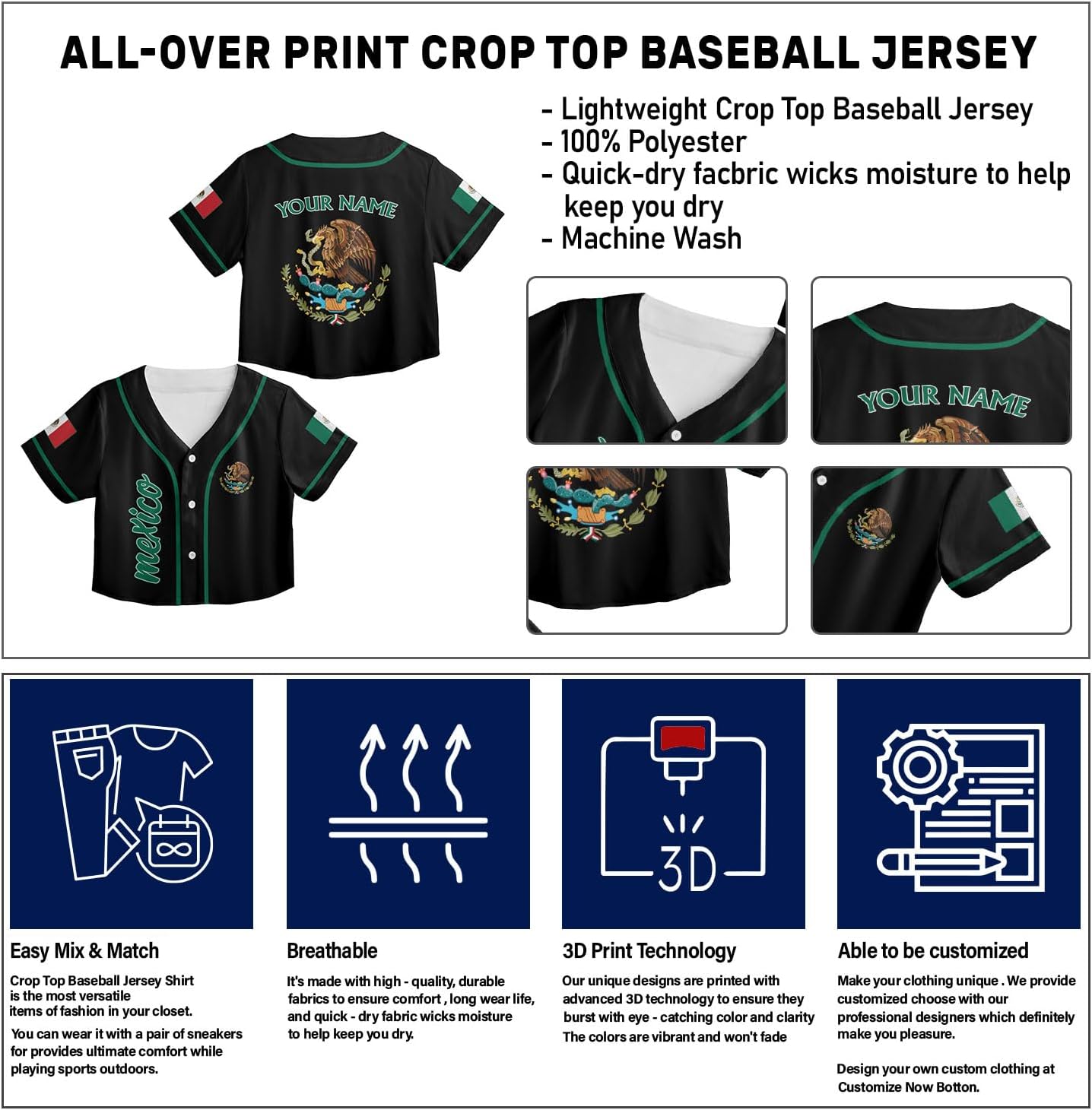 Mostefy Personalized Name Number Mexico Baseball Jersey Croptop Shirt, Mexican Shirts for Women, Mexico Shirts for Women