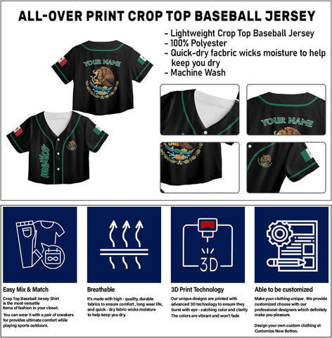 Mostefy Personalized Name Number Mexico Baseball Jersey Croptop Shirt, Mexican Shirts for Women, Mexico Shirts for Women