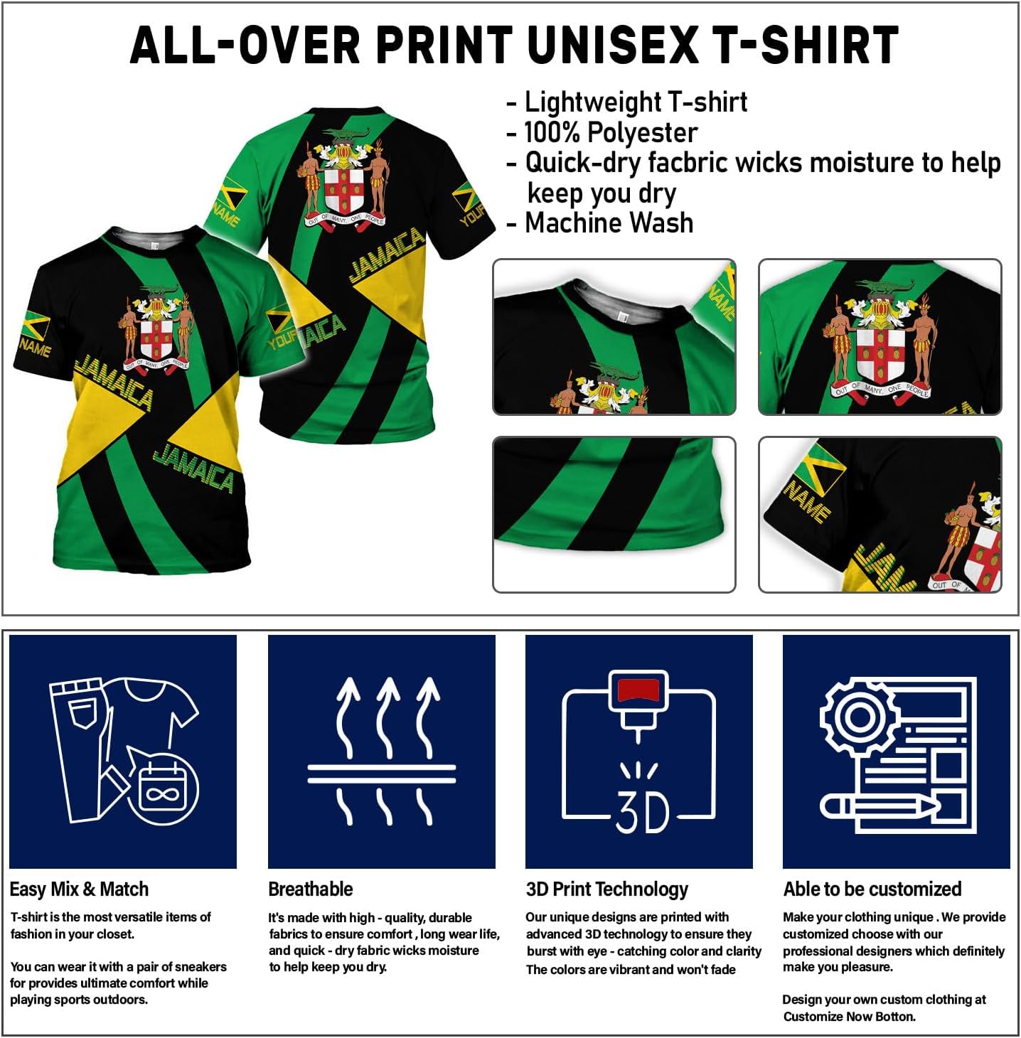 Ligthuy Personalized Jamaica Shirt 3D, Custom Jamaica Flag Lion Shirt for Men and Women, Jamaican Pride T-Shirt Unisex