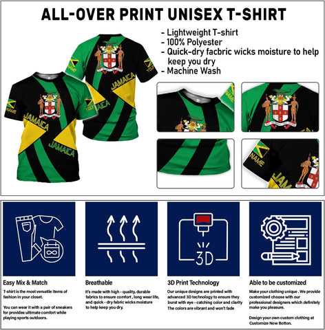 Ligthuy Personalized Jamaica Shirt 3D, Custom Jamaica Flag Lion Shirt for Men and Women, Jamaican Pride T-Shirt Unisex