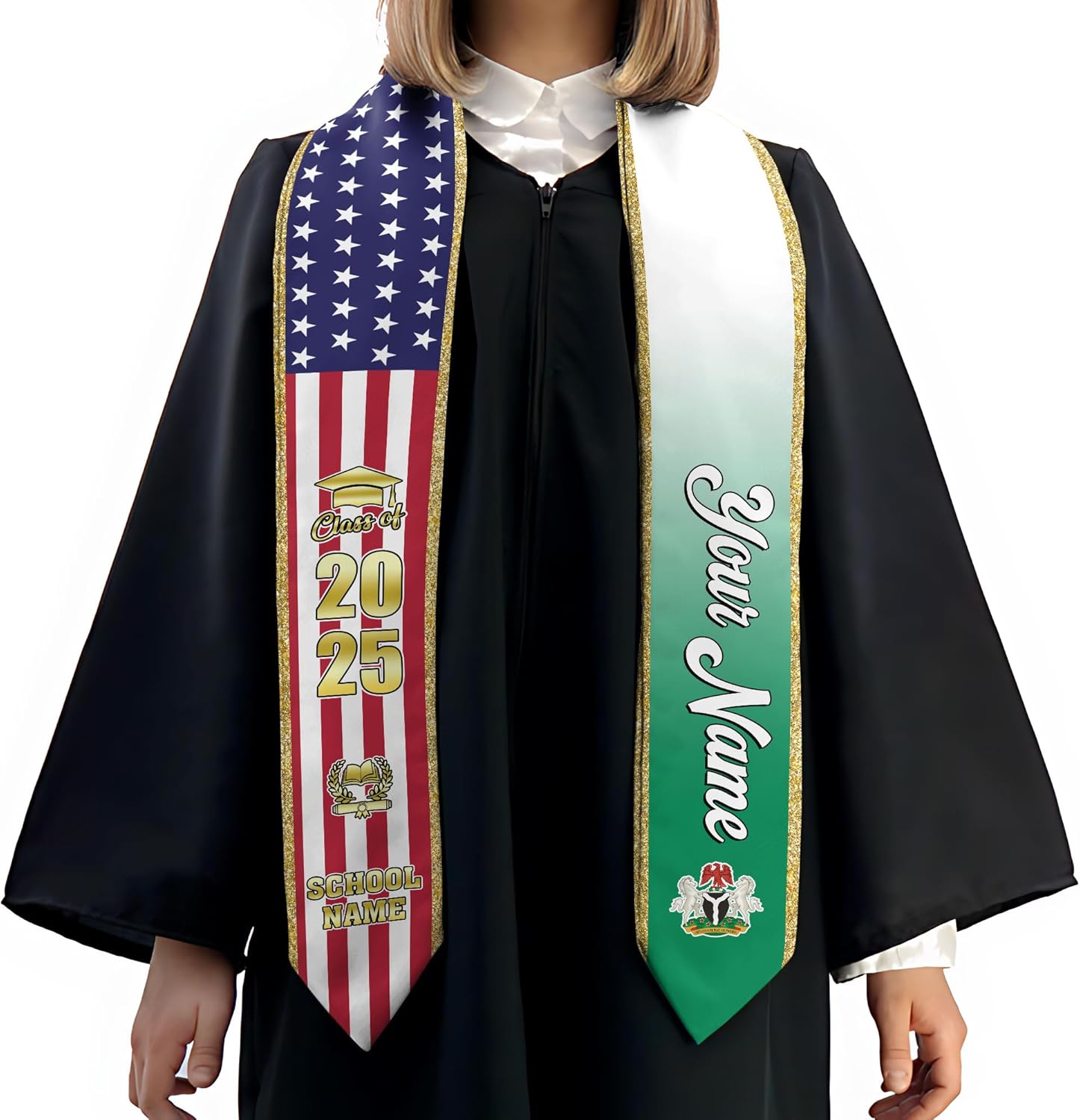 Pretyprints Custom Nigerian Graduation Sash, Nigeria Graduation Stole Customize, Nigerian American Flag Graduation Sash 2025