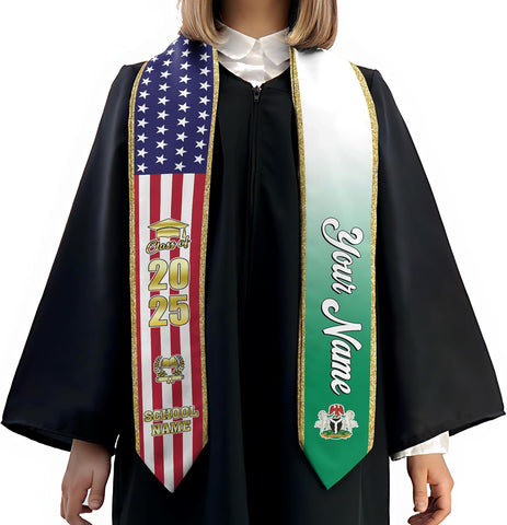 Pretyprints Custom Nigerian Graduation Sash, Nigeria Graduation Stole Customize, Nigerian American Flag Graduation Sash 2025