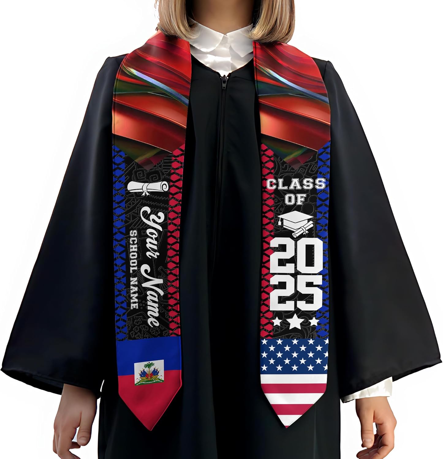 Pretyprints Haitians Graduation Sash, Haiti Graduation Stole Custom, Personalized Haitians American Flag Graduation Sash 2025